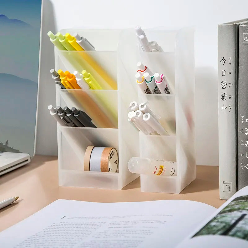 New Desktop Organizer Pen Holder Pencil Makeup Brush Storage Box 4 Grid Oblique Insertion Storage Organizer School Stationery