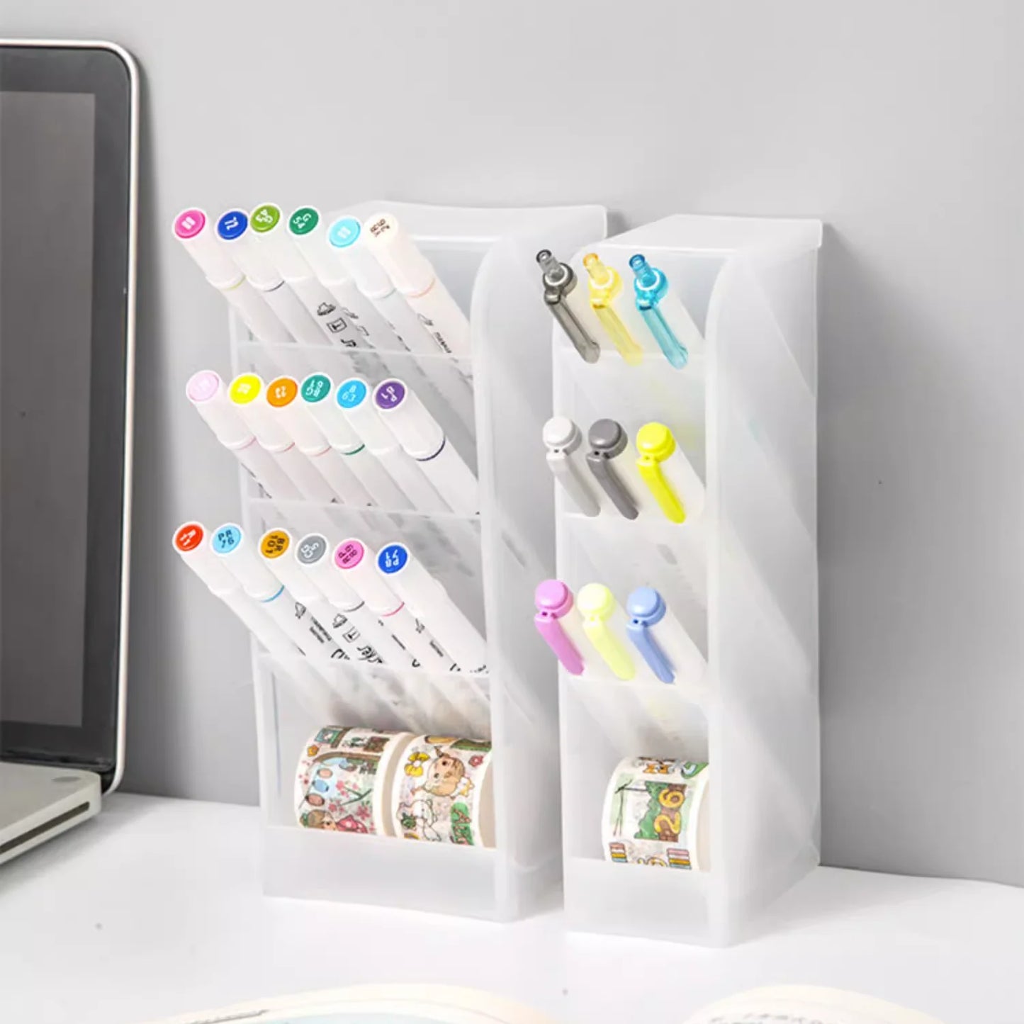 New Desktop Organizer Pen Holder Pencil Makeup Brush Storage Box 4 Grid Oblique Insertion Storage Organizer School Stationery