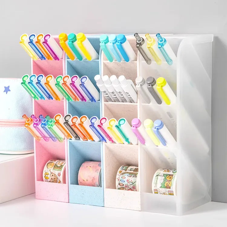 New Desktop Organizer Pen Holder Pencil Makeup Brush Storage Box 4 Grid Oblique Insertion Storage Organizer School Stationery